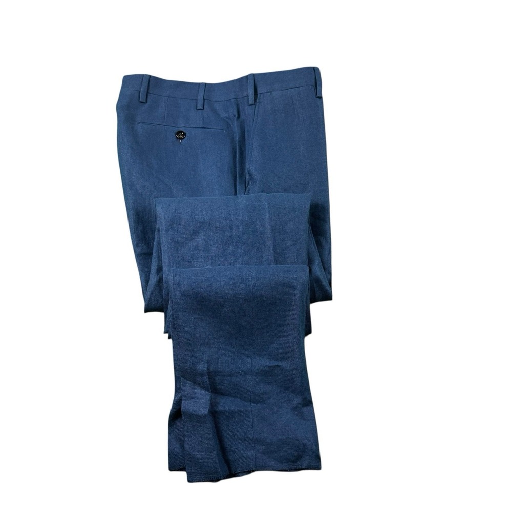 Trillion Pure Linen Flat Front Navy Blue Men's Trouser Size 32xUNF NWOT‎